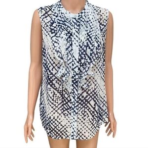 Cabi XS Sleeveless Tank Button Down Crepe Ruffle Blouse Top Navy White